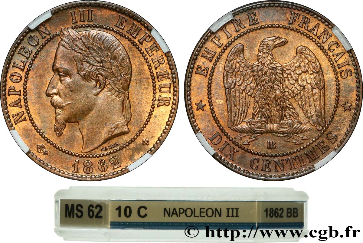 Dix centimes Napoléon III, tête laurée 1862 Strasbourg F.134/8 SUP62 GENI