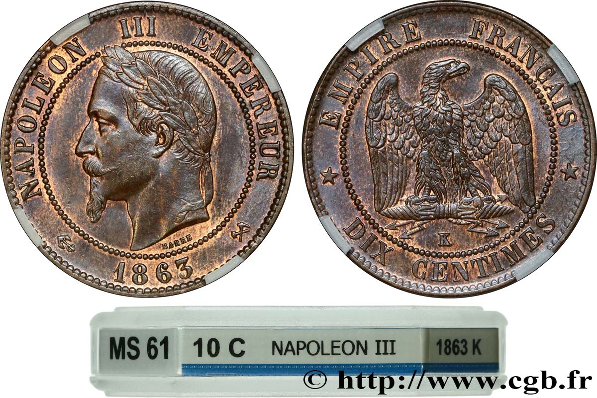 Dix centimes Napoléon III, tête laurée 1863 Bordeaux F.134/12 SUP61 GENI