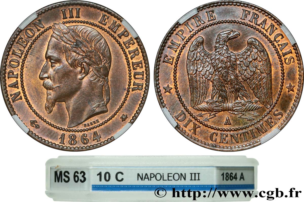 Dix centimes Napoléon III, tête laurée 1864 Paris F.134/13 SPL63 GENI