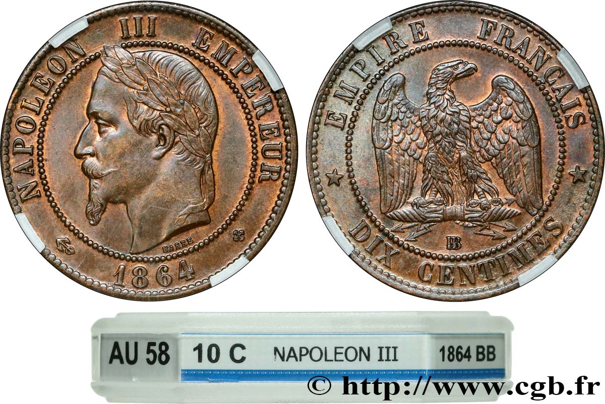 Dix centimes Napoléon III, tête laurée 1864 Strasbourg F.134/14 AU58 GENI