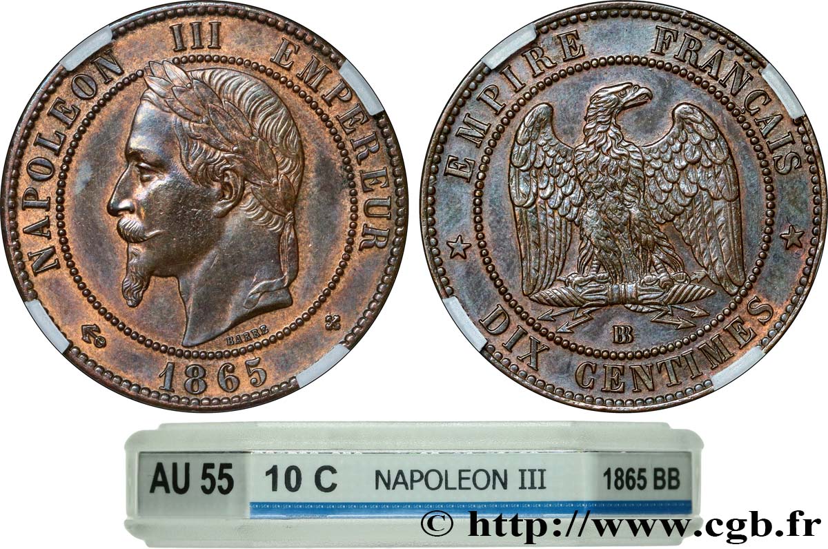 Dix centimes Napoléon III, tête laurée 1865 Strasbourg F.134/17 SUP55 GENI