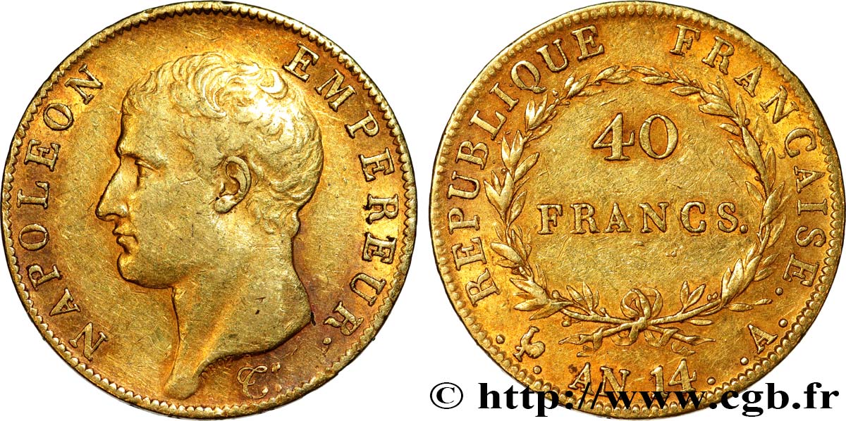 40 francs or Napoléon tête nue, Calendrier révolutionnaire 1805 Paris F.537/2 BB42 