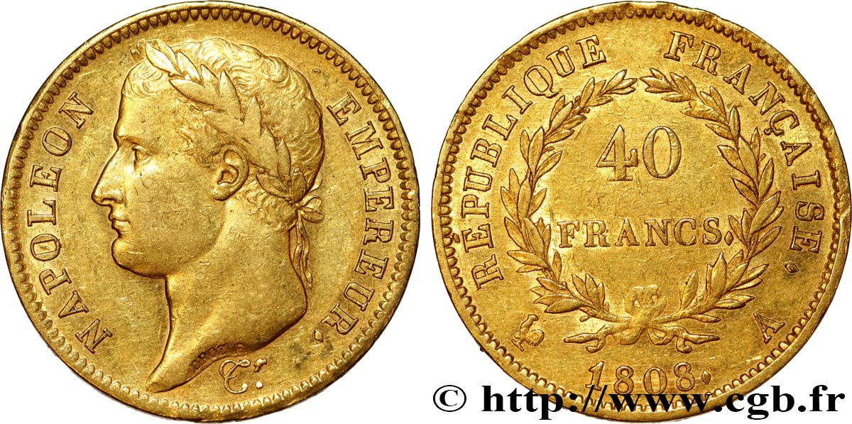40 francs or Napoléon Ier tête laurée, République française 1808 Paris F.540/2 BB42 