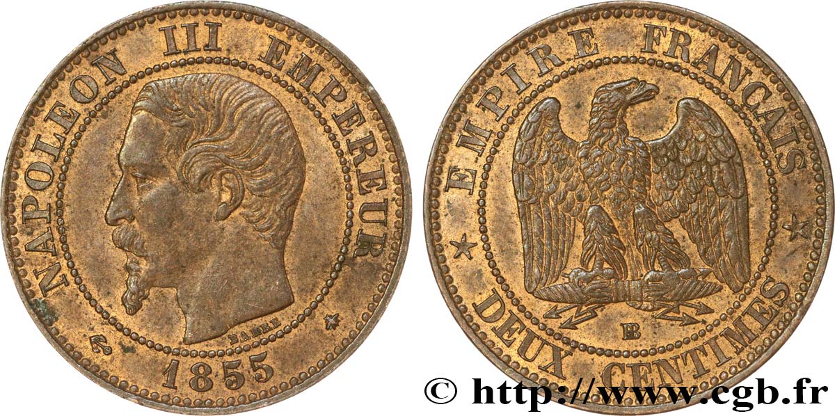 Deux centimes Napoléon III, tête nue 1855 Strasbourg F.107/24 AU58 