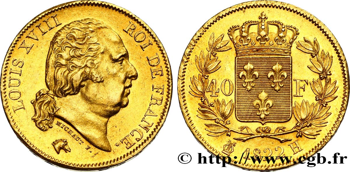 40 francs or Louis XVIII 1822 La Rochelle F.542/12 VZ55 