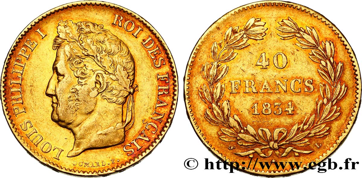 40 francs or Louis-Philippe 1834 Bayonne F.546/7 SS45 