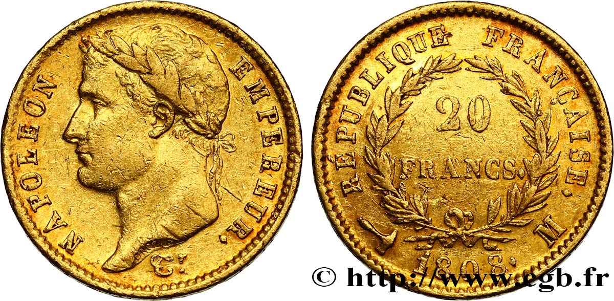 20 francs or Napoléon tête laurée, République française 1808 Toulouse F.515/4 BB45 