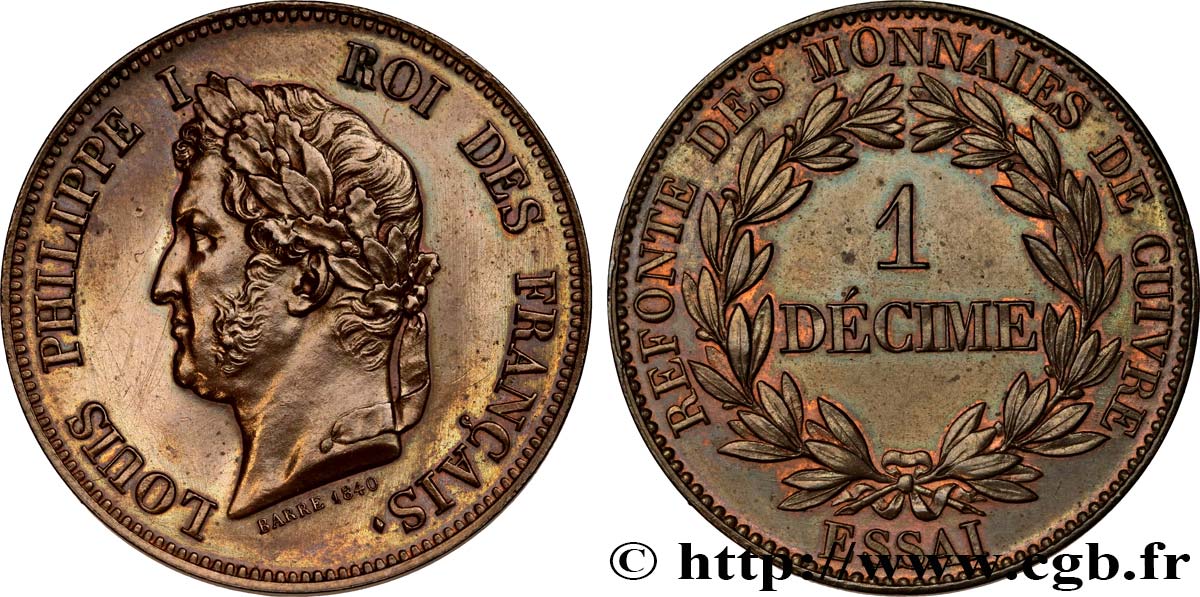 Essai de 1 décime en cuivre, poids léger 1840 Paris VG.2915  EBC+ 
