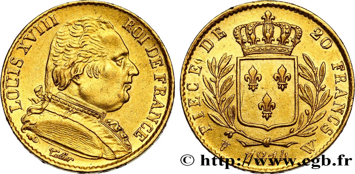 20 francs or Louis XVIII, buste habillé 1814 Lille F.517/9 MBC54 