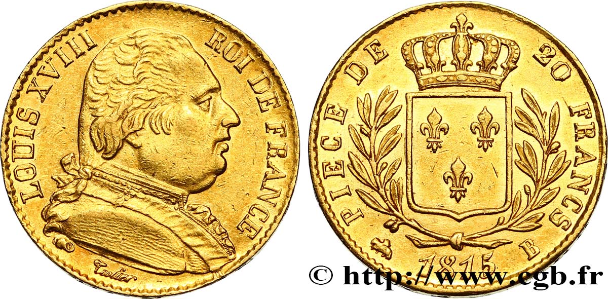 20 francs or Louis XVIII, buste habillé 1815 Rouen F.517/11 VZ55 