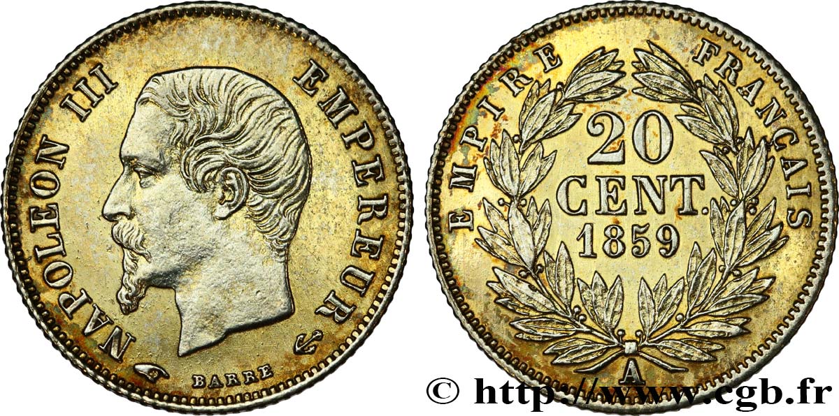 20 centimes Napoléon III, tête nue 1859 Paris F.148/12 ST65 