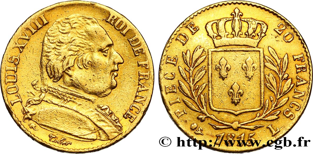 20 francs or Louis XVIII, buste habillé 1815 Bayonne F.517/14 S 