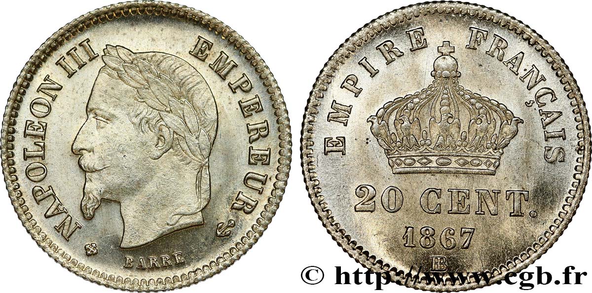 20 centimes Napoléon III, tête laurée, grand module 1867 Strasbourg F.150/2 MS64 