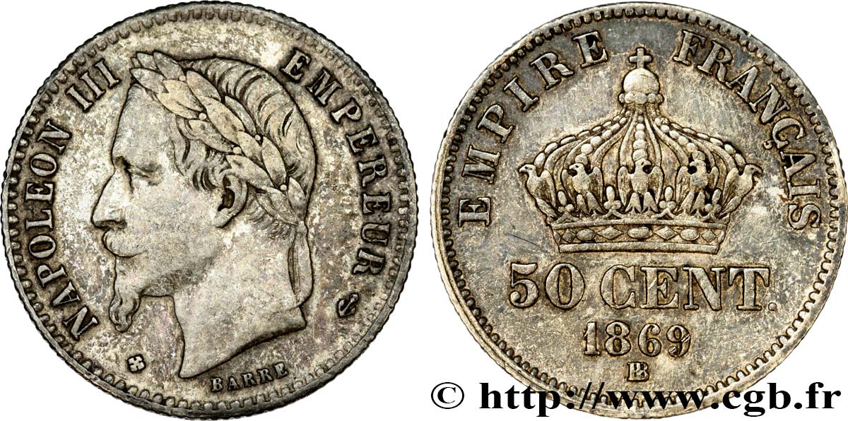 50 centimes Napoléon III, tête laurée 1869 Strasbourg F.188/23 var. BB45 
