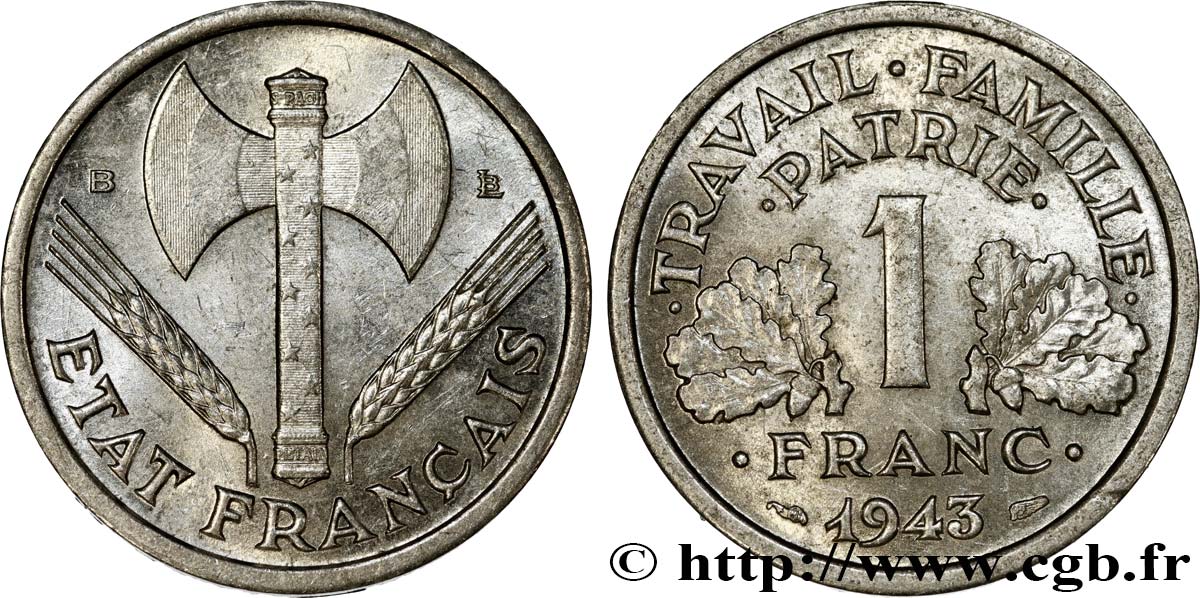 1 franc Francisque, légère 1943 Beaumont-Le-Roger F.223/4 EBC60 