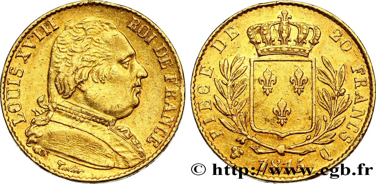 20 francs or Louis XVIII, buste habillé 1815 Perpignan F.517/16 SS48 