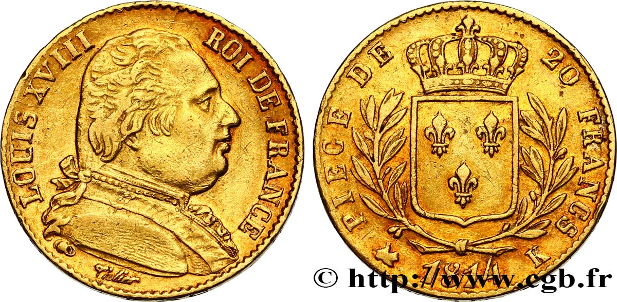 20 francs or Louis XVIII, buste habillé 1814 Bordeaux F.517/3 BB45 