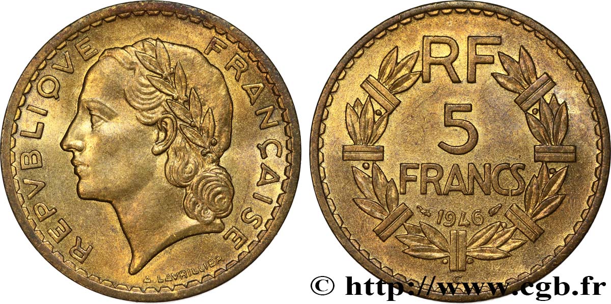 5 francs Lavrillier, bronze-aluminium 1946 Castelsarrasin F.337/8 SPL63 