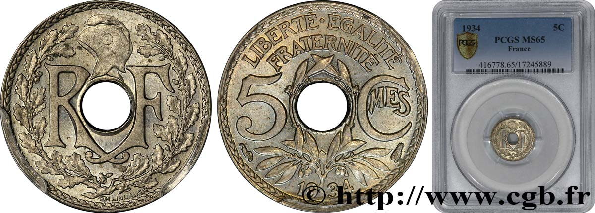 5 centimes Lindauer, petit module 1934 Paris F.122/17 MS65 PCGS