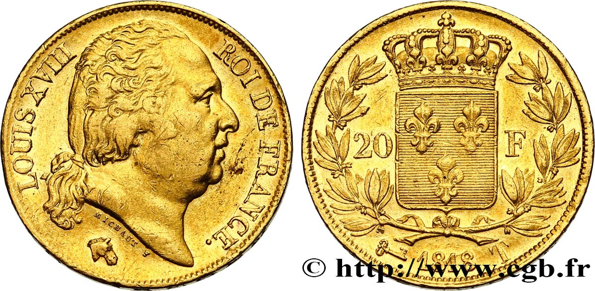20 francs or Louis XVIII, tête nue 1818 Nantes F.519/13 MBC48 