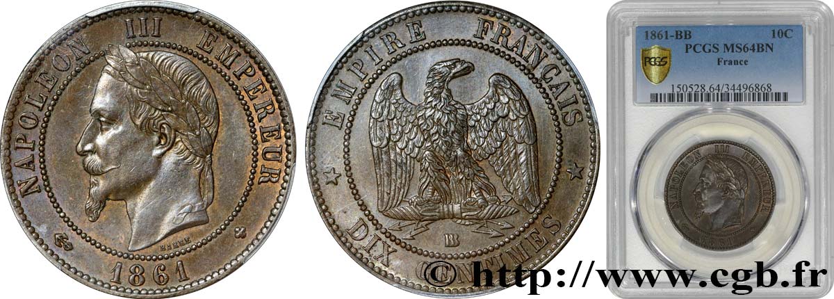 Dix centimes Napoléon III, tête laurée 1861 Strasbourg F.134/5 SPL64 PCGS