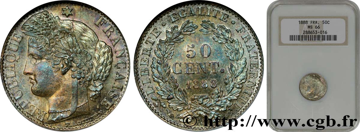 50 centimes Cérès, Troisième République 1888 Paris F.189/13 MS66 NGC