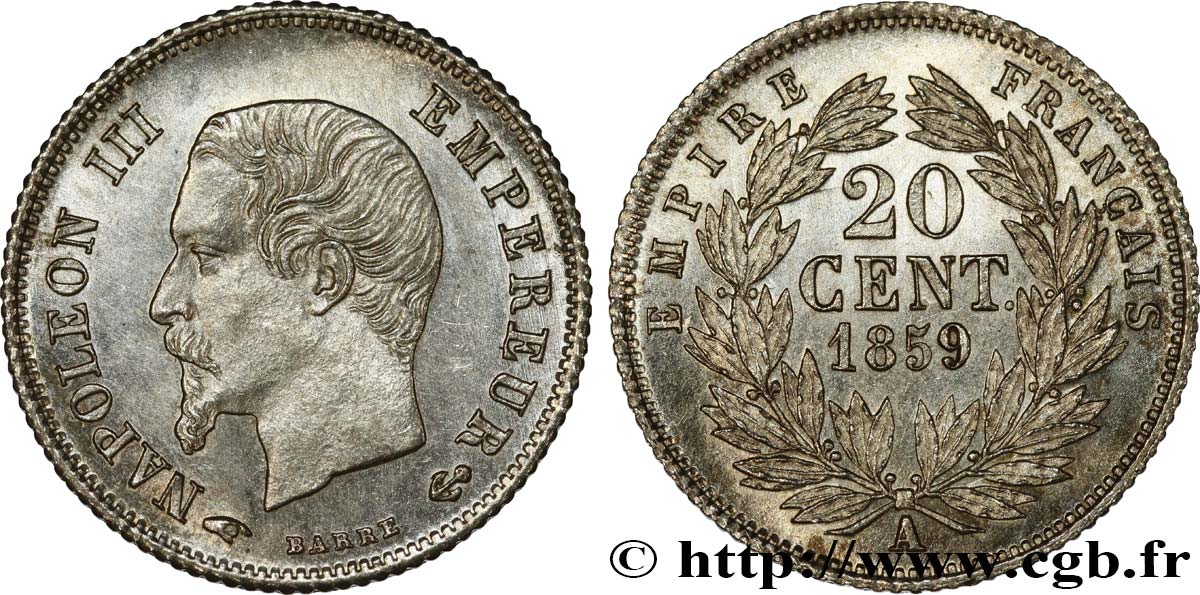 20 centimes Napoléon III, tête nue 1859 Paris F.148/12 MS63 