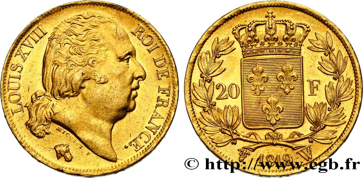 20 francs or Louis XVIII, tête nue 1819 Lille F.519/18 EBC62 