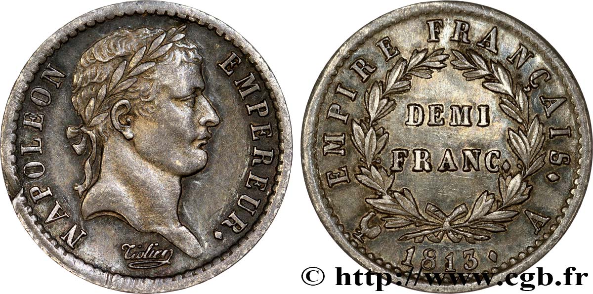 Demi-franc Napoléon Ier tête laurée, Empire français 1813 Paris F.178/49 SPL55 