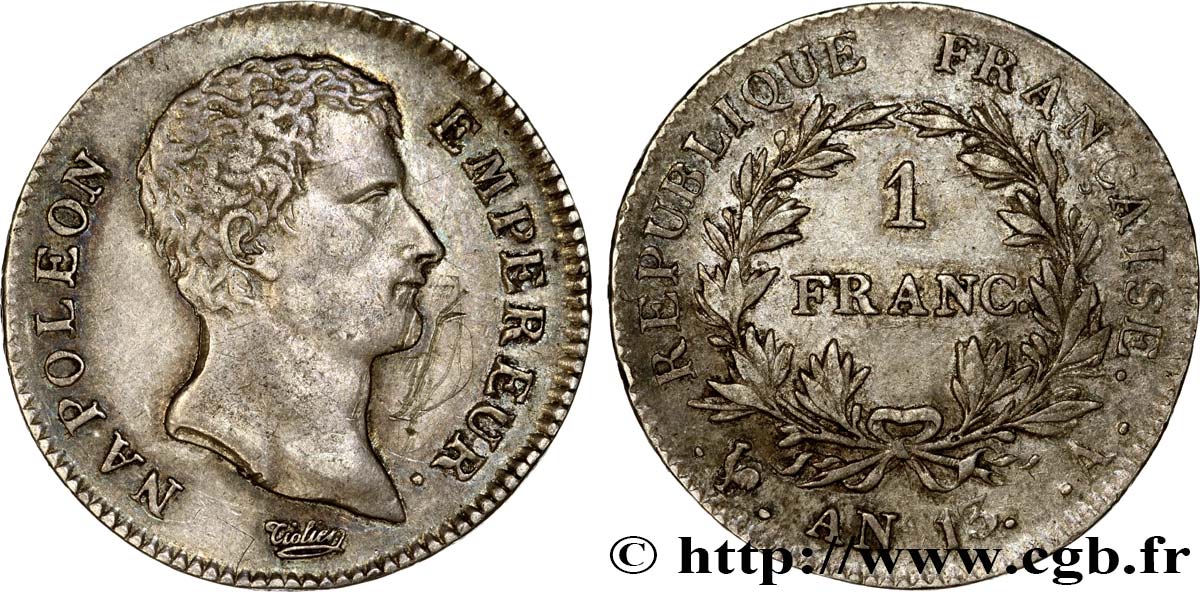 1 franc Napoléon Empereur, Calendrier révolutionnaire 1805 Paris F.201/14 MBC 