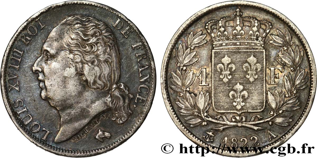 1 franc Louis XVIII 1822 Paris F.206/40 XF48 