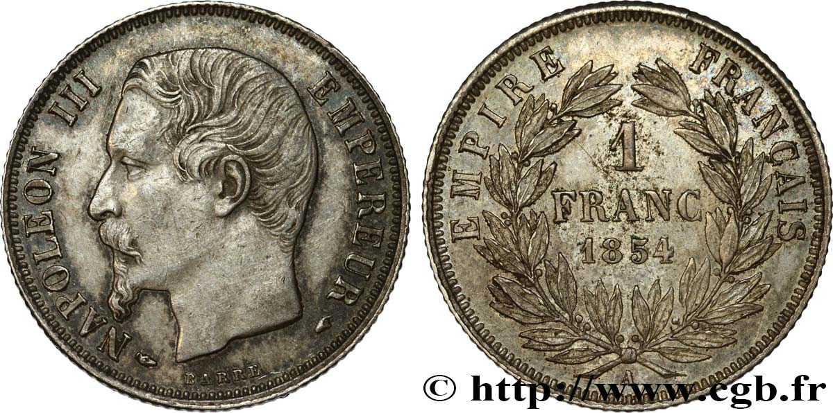 1 franc Napoléon III, tête nue 1854 Paris F.214/2 AU52 
