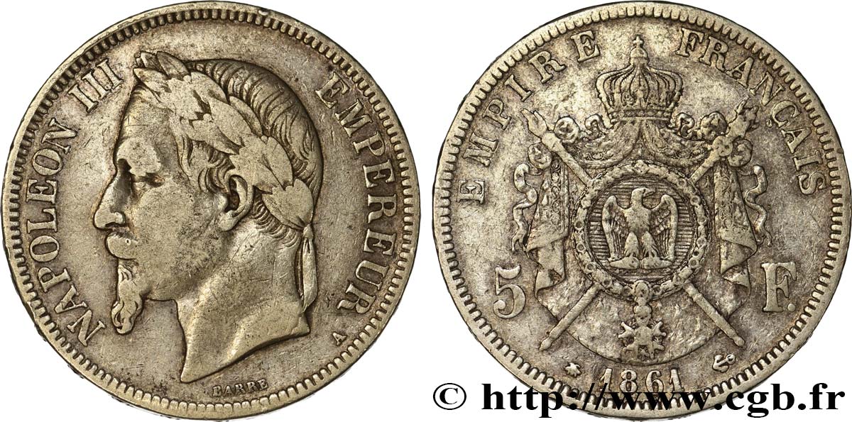 5 francs Napoléon III, tête laurée, petit A 1861 Paris F.331/1 VF25 