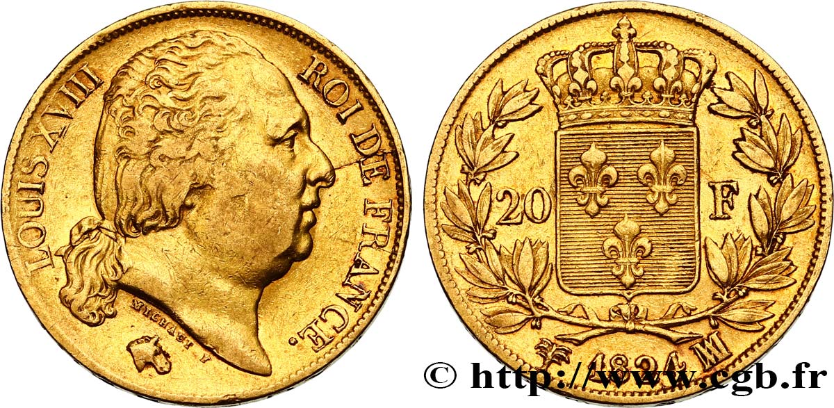 20 francs or Louis XVIII, tête nue 1824 Marseille F.519/32 XF40 