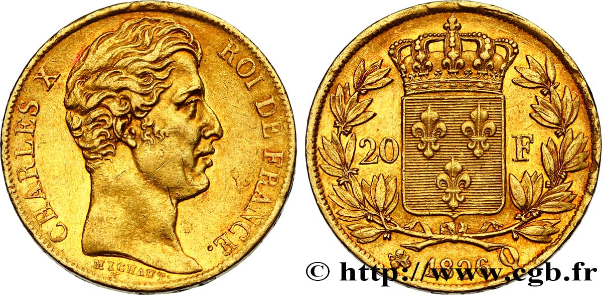 20 francs or Charles X, matrice du revers à quatre feuilles et demie 1826 Perpignan F.520/4 MBC50 