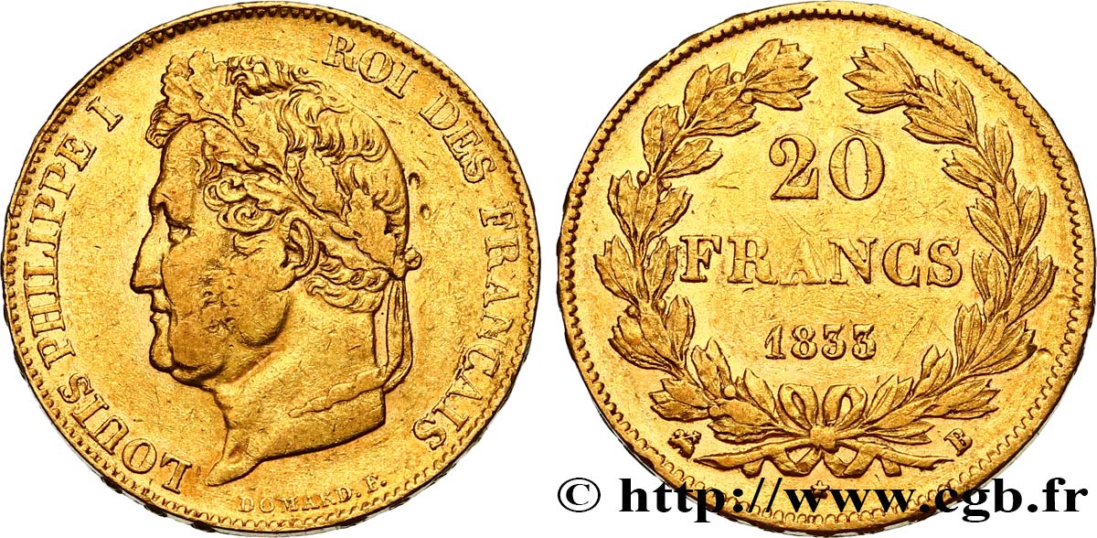 20 francs or Louis-Philippe, Domard 1833 Rouen F.527/5 SS40 