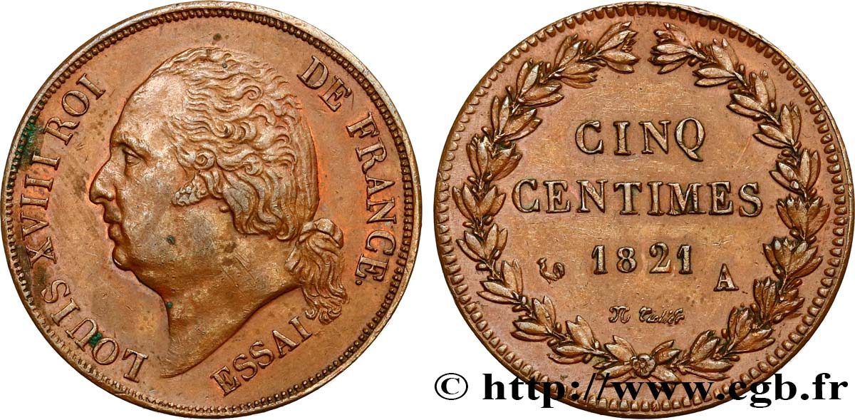 Essai de Cinq centimes en bronze, tranche lisse 1821 Paris VG.2534  var. AU 
