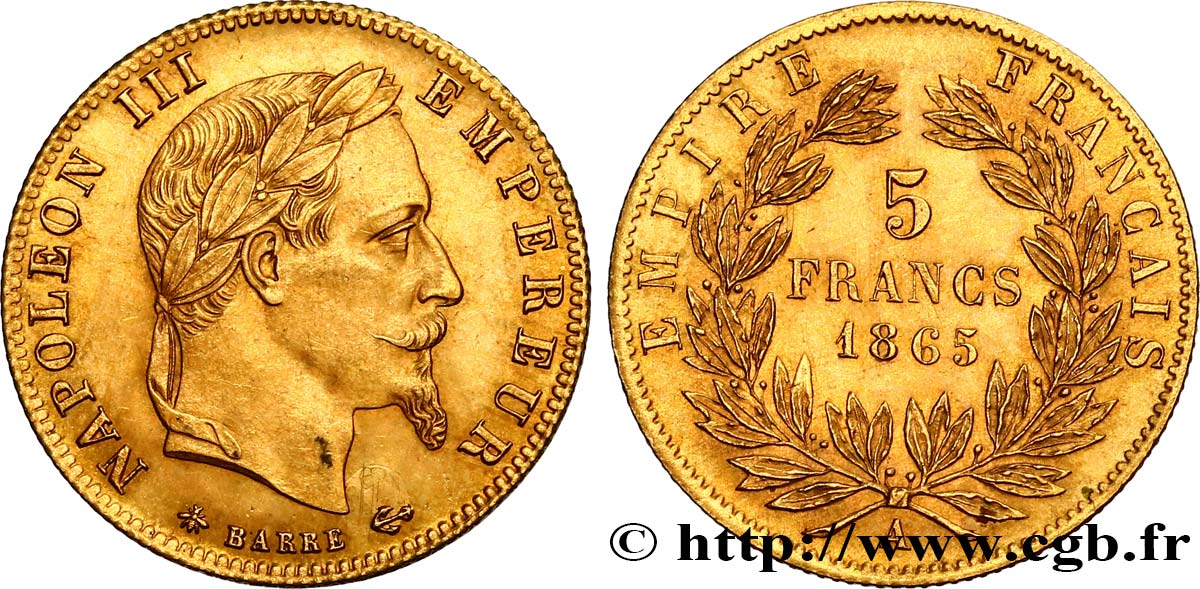 5 francs or Napoléon III, tête laurée 1865 Paris F.502/7 EBC55 