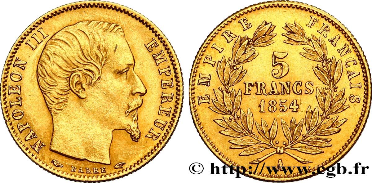 5 francs or Napoléon III, tête nue, petit module, tranche cannelée 1854 Paris F.500A/1 AU52 