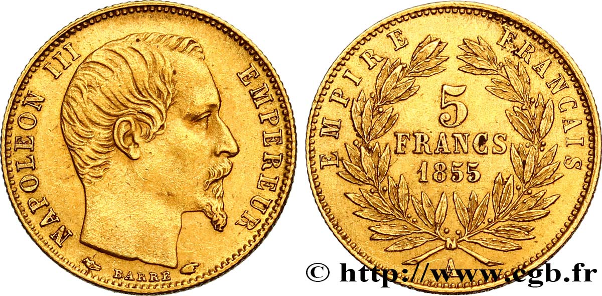 5 francs or Napoléon III, tête nue, petit module, tranche cannelée 1855 Paris F.500A/2 BB52 