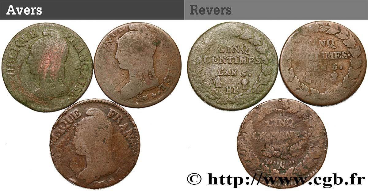 Lot de 3 Cinq centimes Dupré, grand module n.d. s.l. F.115/1 RC/BC 