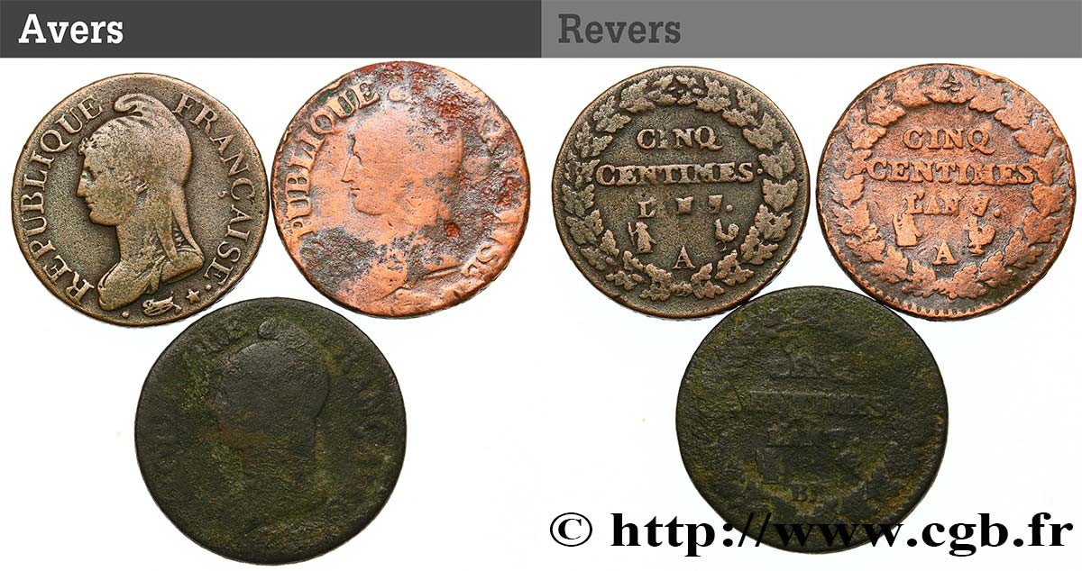 Lot de 3 Cinq centimes Dupré, grand module n.d. s.l. F.115/46 RC/BC 