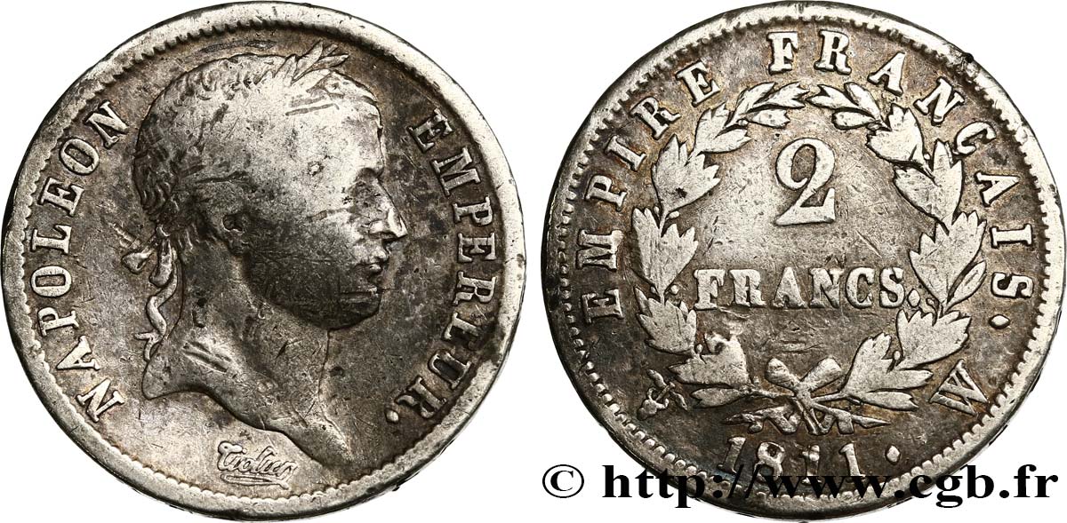 2 francs Napoléon Ier tête laurée, Empire français 1811 Lille F.255/37 S 