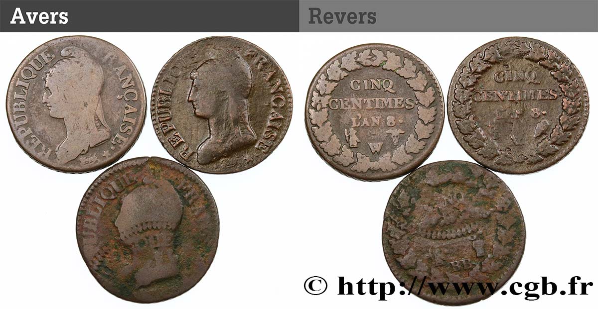 Lot de 3 Cinq centimes Dupré, grand module n.d. s.l. F.115/102 RC/BC 