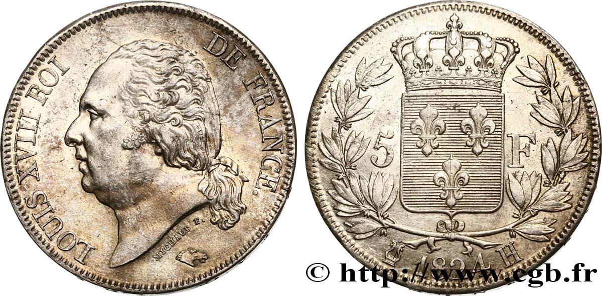 5 francs Louis XVIII, tête nue 1824 La Rochelle F.309/91 AU55 