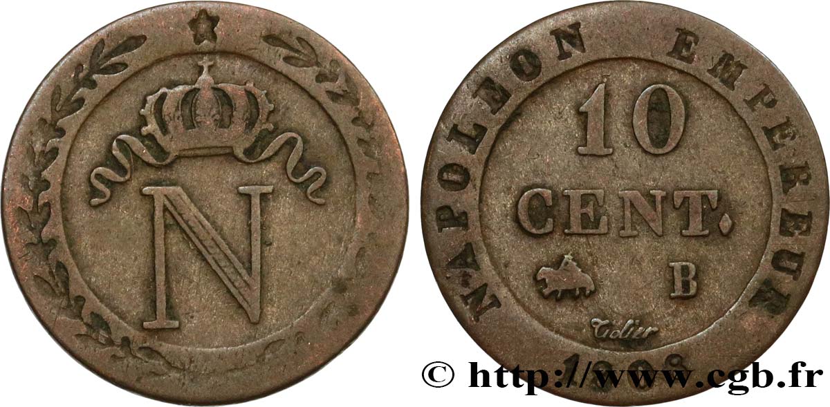 10 cent. à l&nbsp;N couronnée 1808 Rouen F.130/3 TB25 