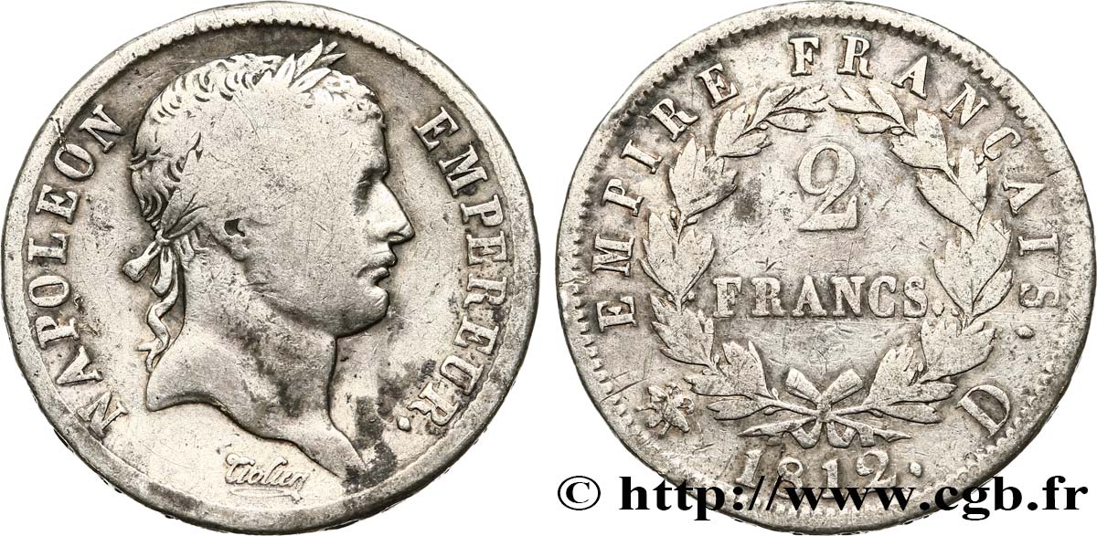 2 francs Napoléon Ier tête laurée, Empire français 1812 Lyon F.255/41 BC20 