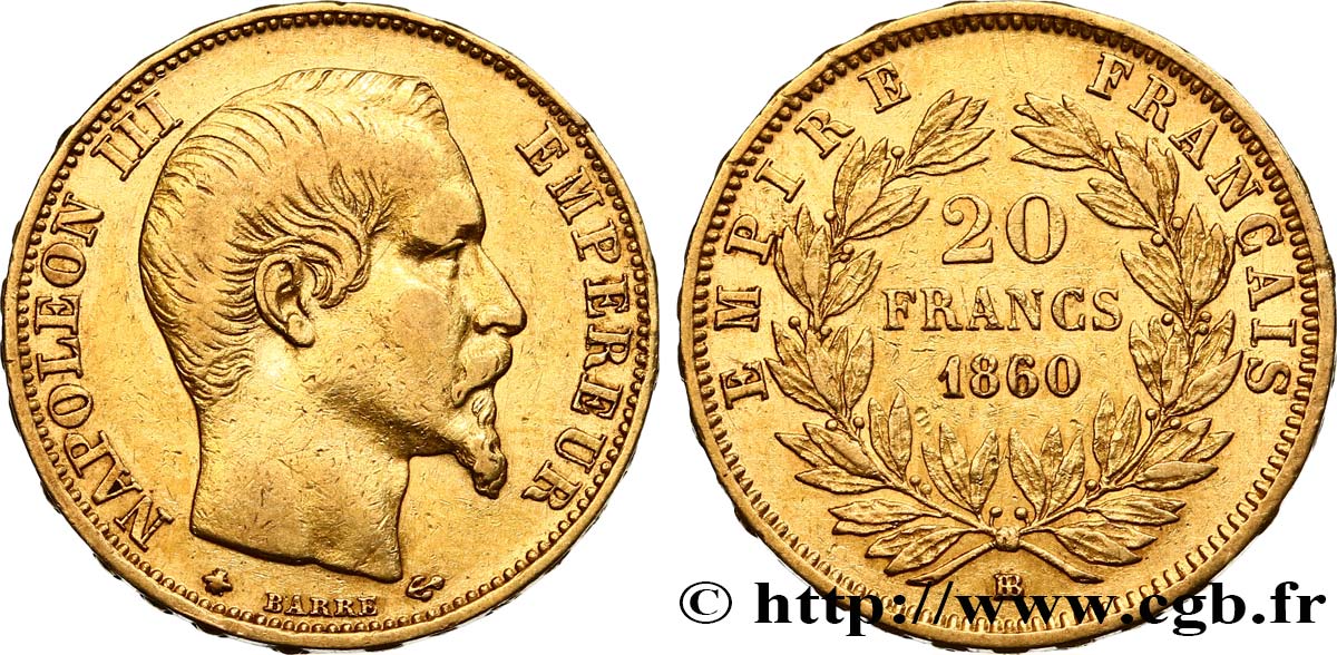 20 francs or Napoléon III, tête nue 1860 Strasbourg F.531/19 XF40 