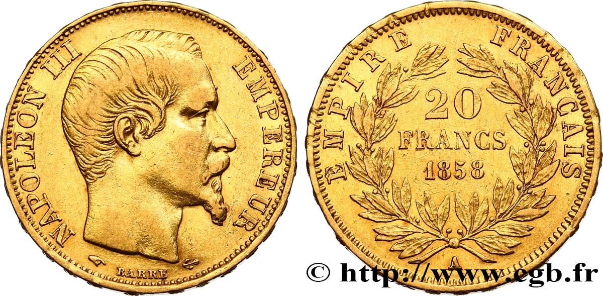 20 francs or Napoléon III, tête nue 1858 Paris F.531/13 SS40 