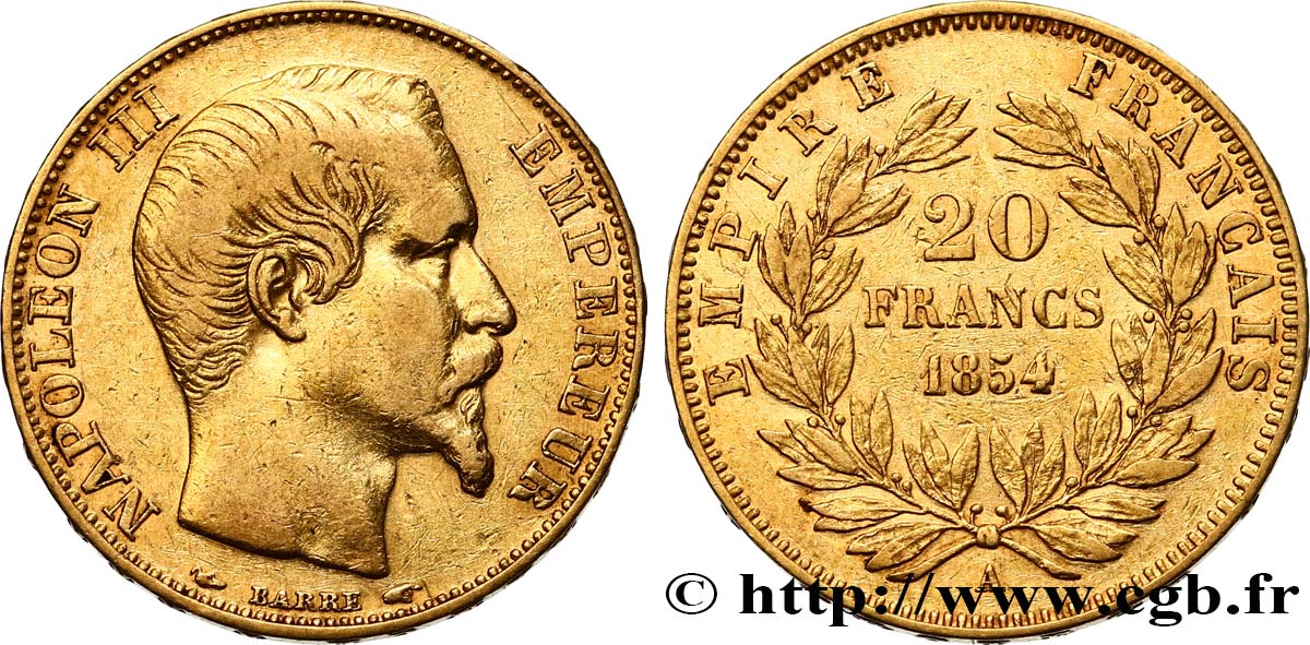 20 francs or Napoléon III, tête nue 1854 Paris F.531/2 BB40 